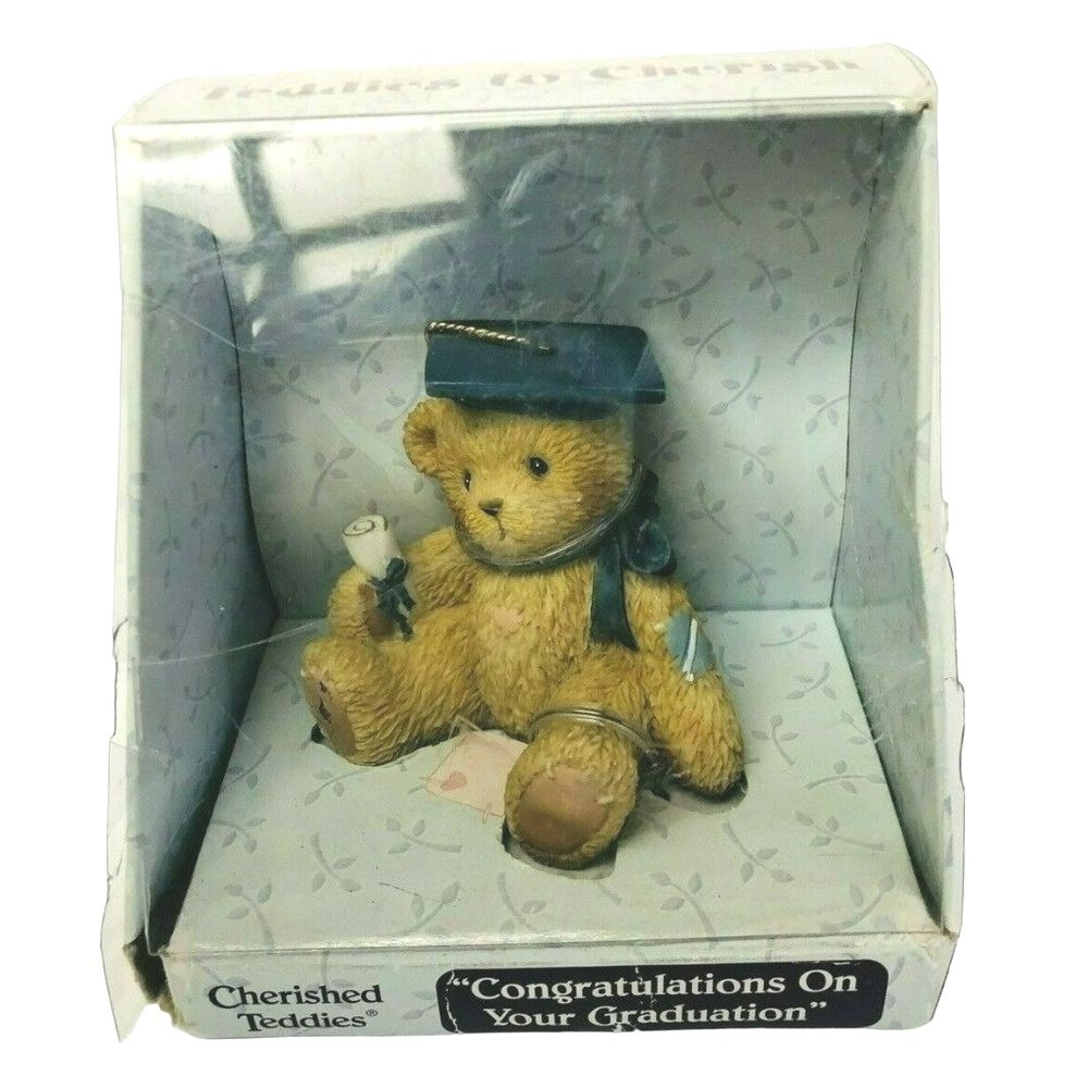 Cherished Teddies Graduation Bear Figurine OS Tan Blue Mortarboard Diploma Box